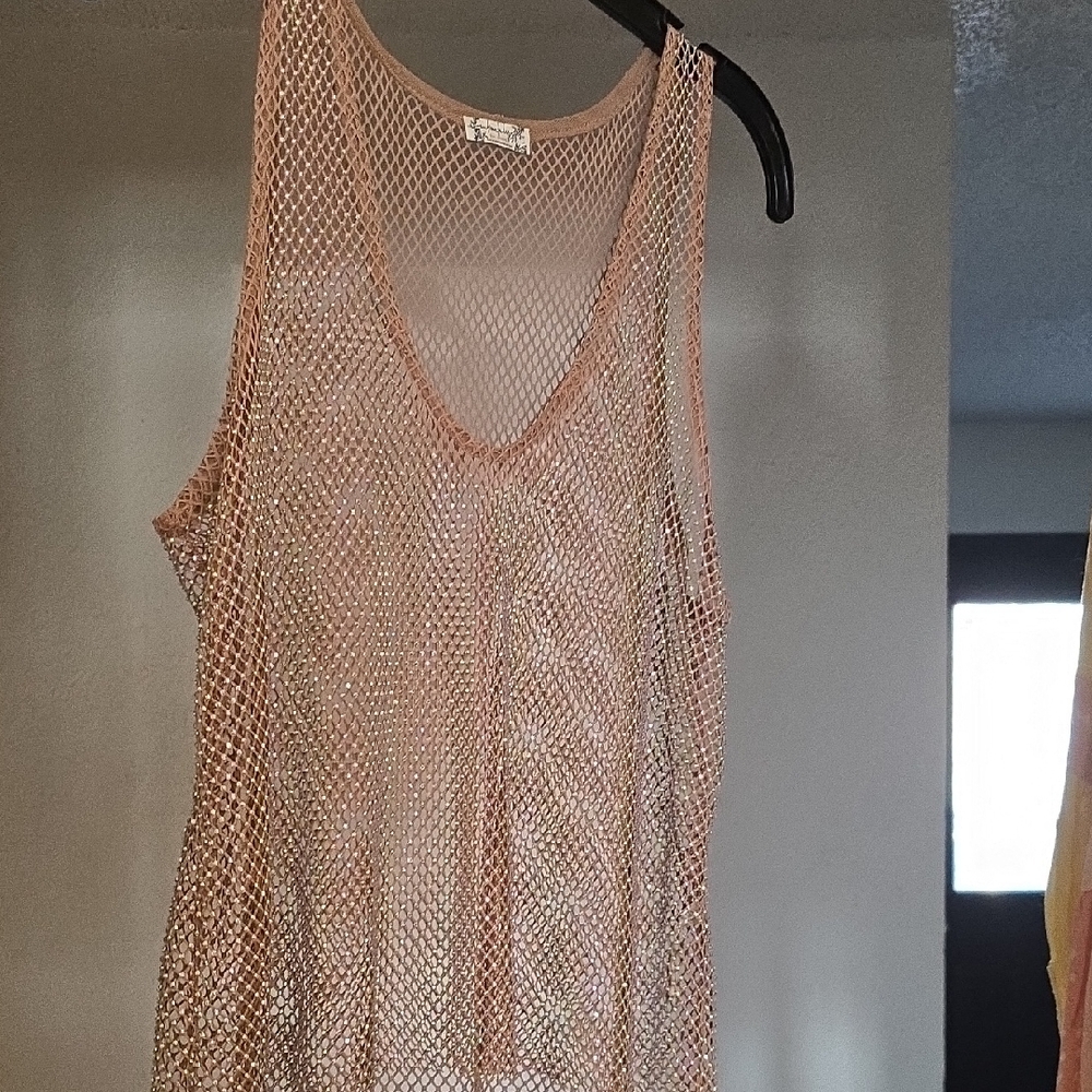 Free People Metallic Mesh Tank Top in Dusty Rose/TAN  With Rhinestone Accents